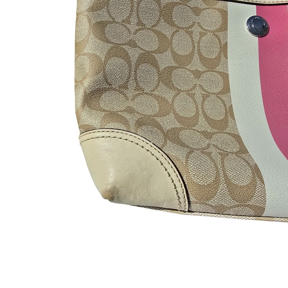 COACH Signature Stripe Tote Bag Beige Pink Canvas Leather Shoulder Purse - Picture 15 of 15